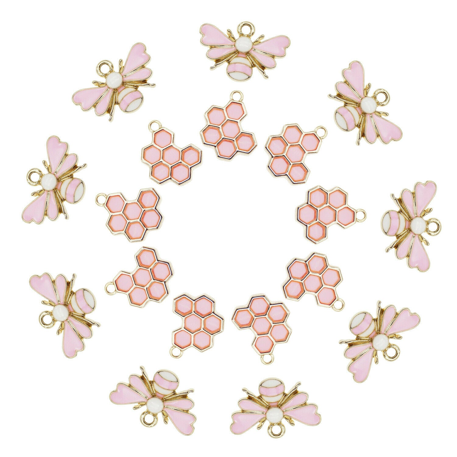 12 pcs Mixed Pink Honeycomb Bracelet Charm Bee Enamel Pendant Jewelry Crafting