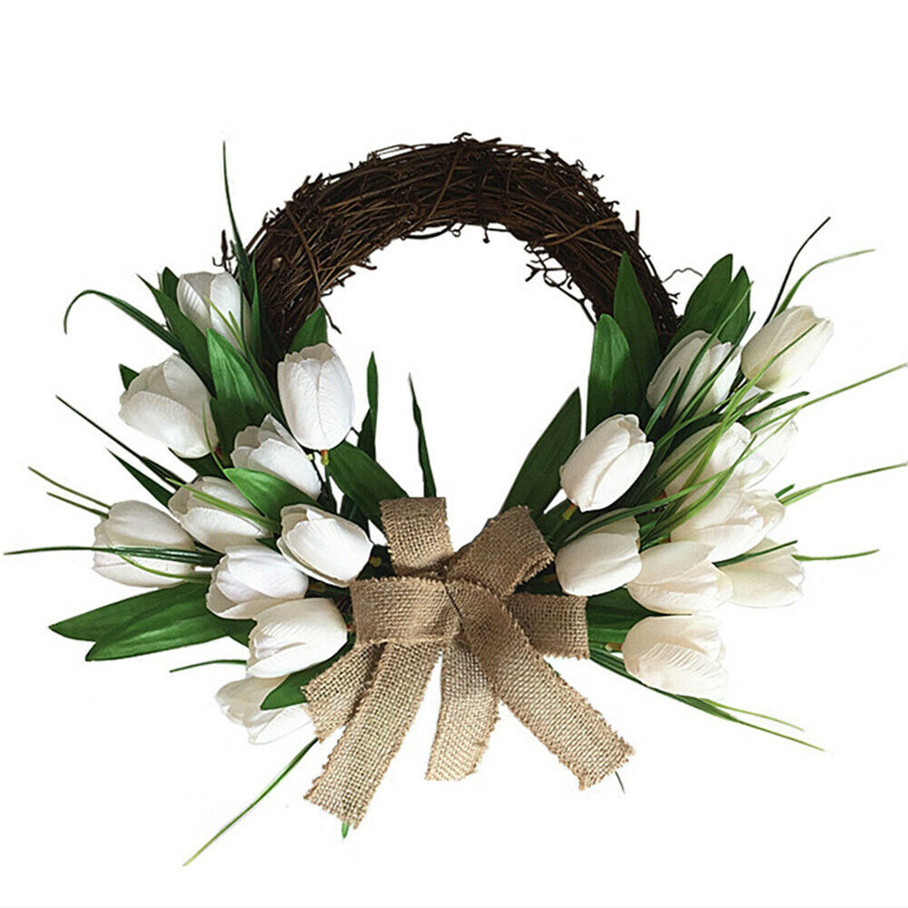 Artificial Wreath White Tulip Garland Rattan Flower Wedding Home Wall Decor DIY