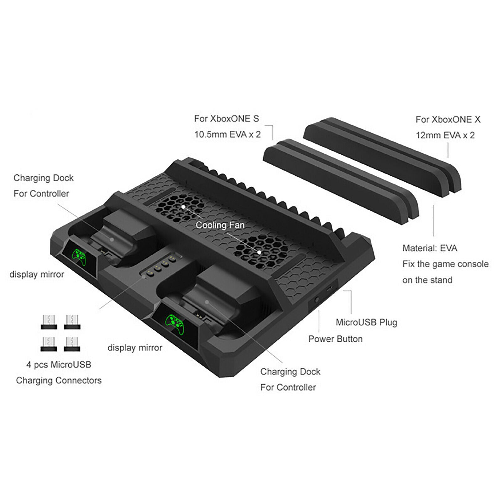 For XBOX ONE X S Console Charging Base Dual Controllers Charger with Cooling Fan
