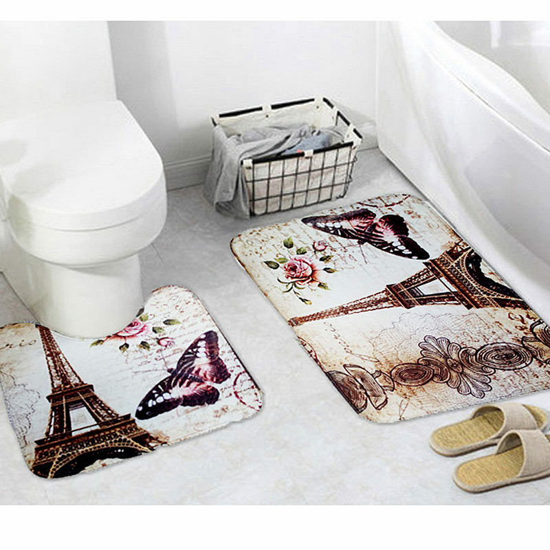 2Pcs/Set Paris Eiffel Tower Non-Slip Bathroom Toilet Pedestal Rug + Bath Mat HN