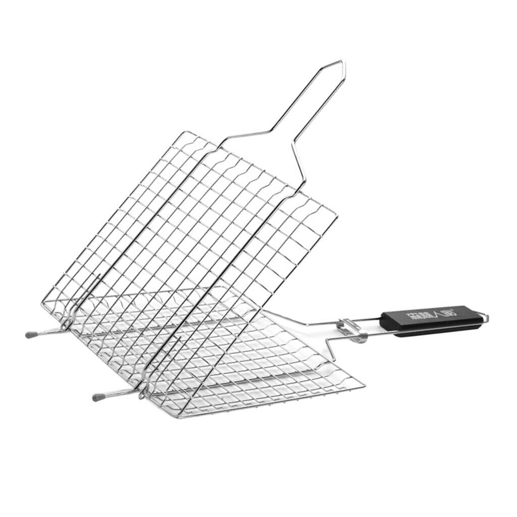 2pcs Outdoor BBQ Meat Grill Basket Clip Barbeque Stainless Steel Wire Tray Net