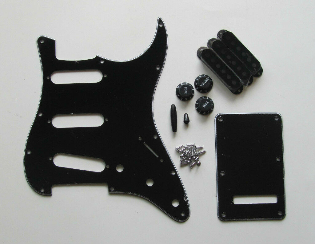 Strat Pickguard,Back Plate,Pickup Covers,Knobs,Tips,3 Ply Black