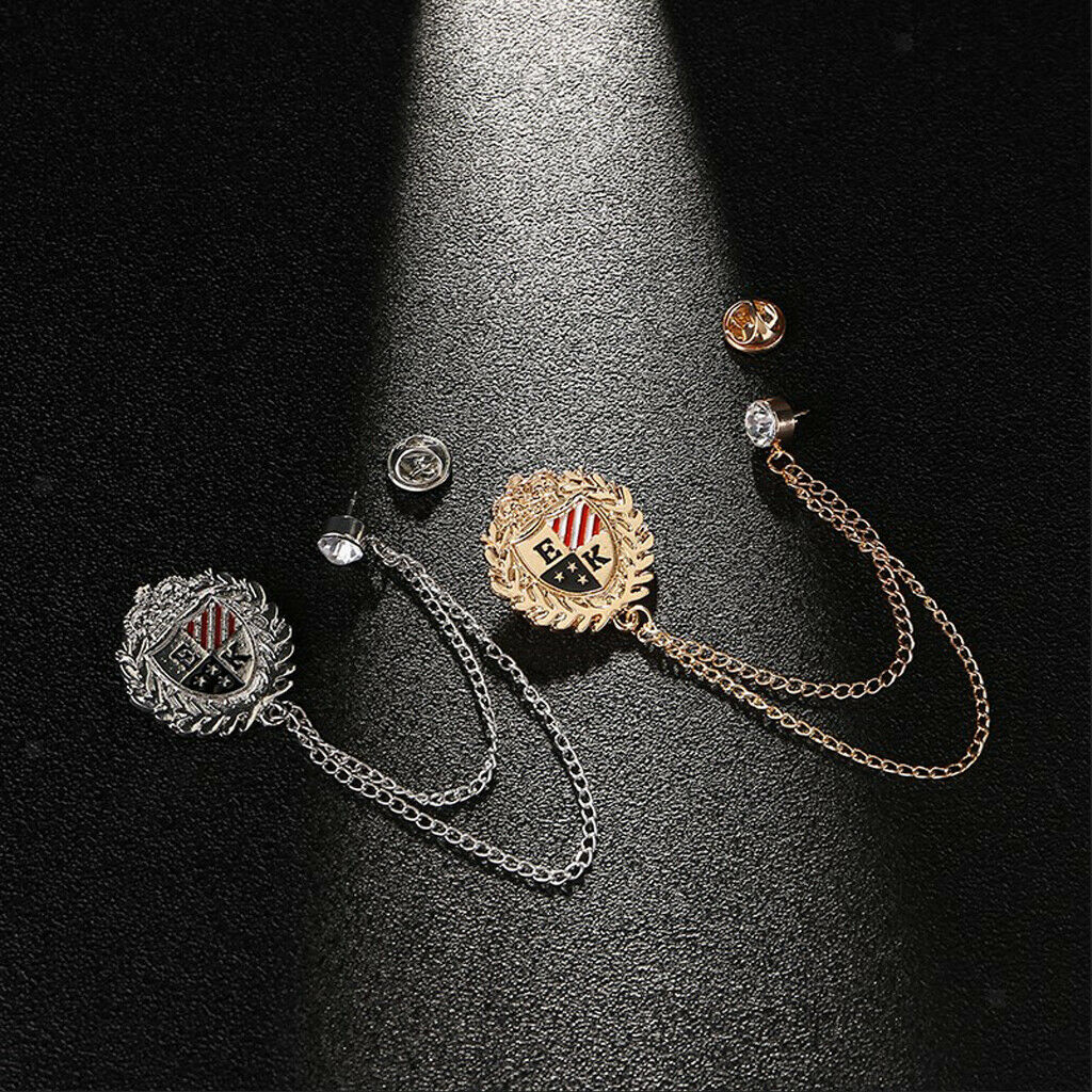 2 Pcs Crystal Shield Brooch w/ Tassel Chain Wedding Prom Label Pin Jewelry