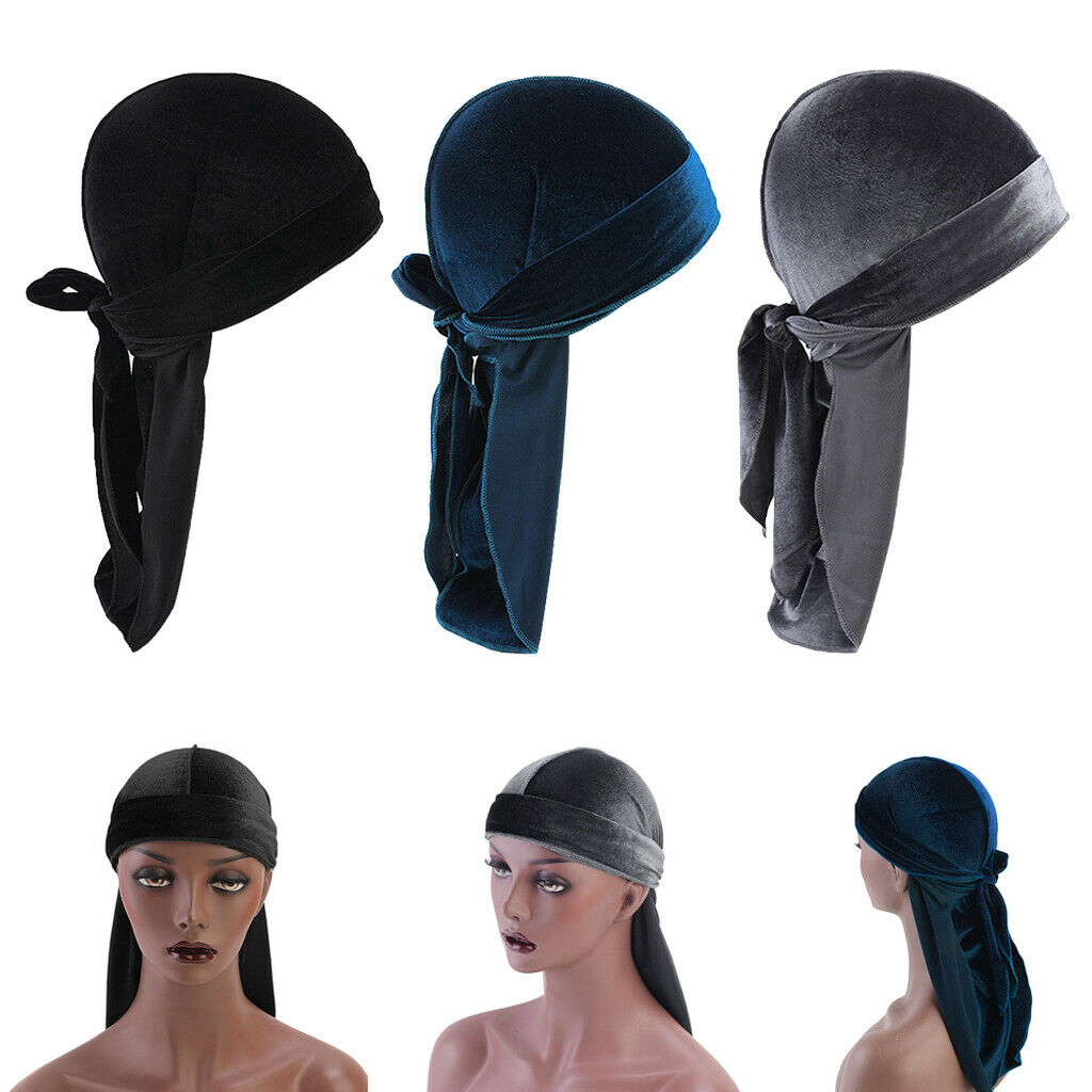 3 Pieces Women Mens Velvet Bandana Hat Durag Long-Tail Headwear Chemo Hat