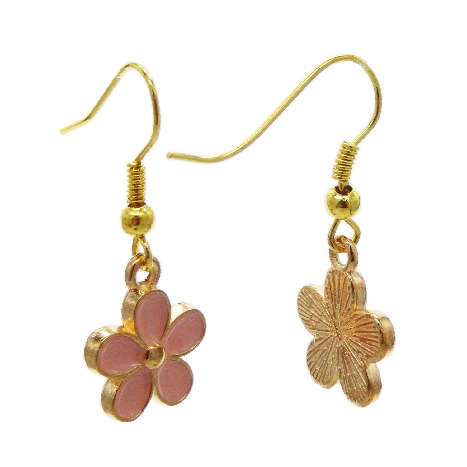 1 Pair Pink Enamel Metal Mini Flower Charm Drop Dangle Hook Earrings Jewelry