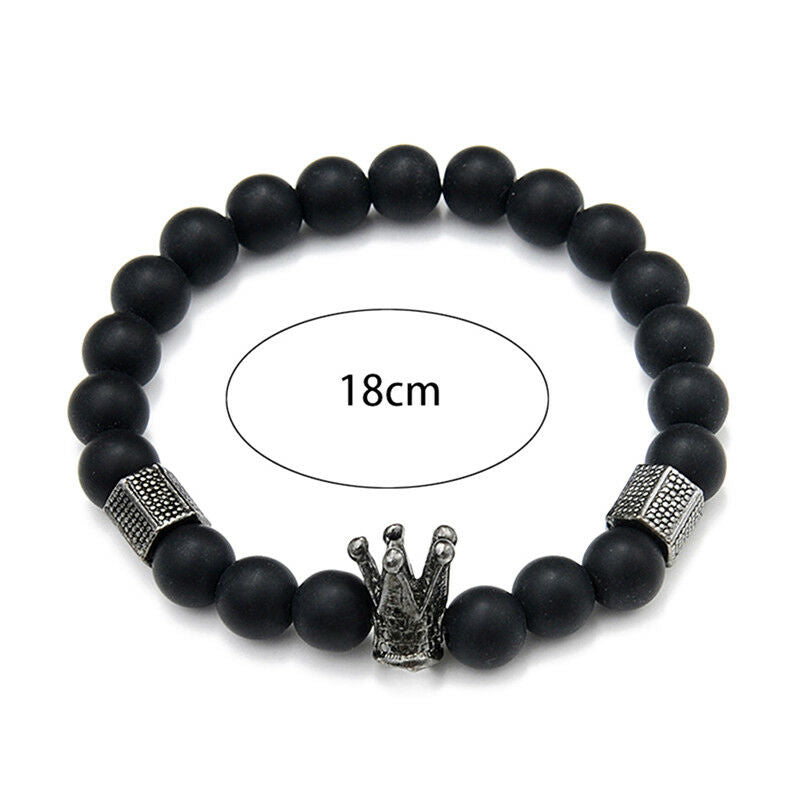 Men Black Stone Crown Beaded Cuff Charm Wristband Bangle Bracelet Jewe .l8