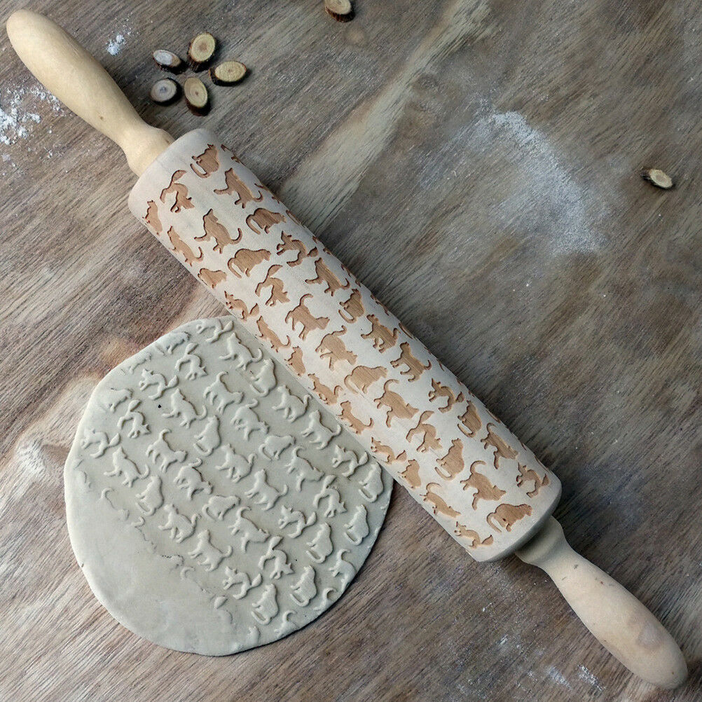 Cat Pattern Wooden Engraved Rolling Pin Cut Cookie Cake Pizza Baking Tool tdJ SJ