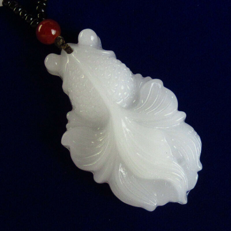 Carved White Jade Goldfish & Drum Pendant Necklace 19 inch 52x32x13mm A-6JY