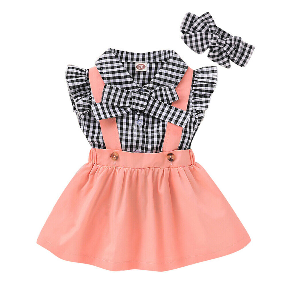 newBaby Girls Suit Plaid Shirt + Suspender Skirt + Headband Summer Clothing Set