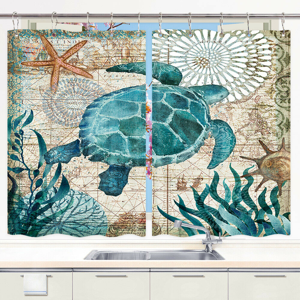 Sea Turtle Window Curtain Treatments Kitchen Curtains 2 Panels with Hooks 55X39"