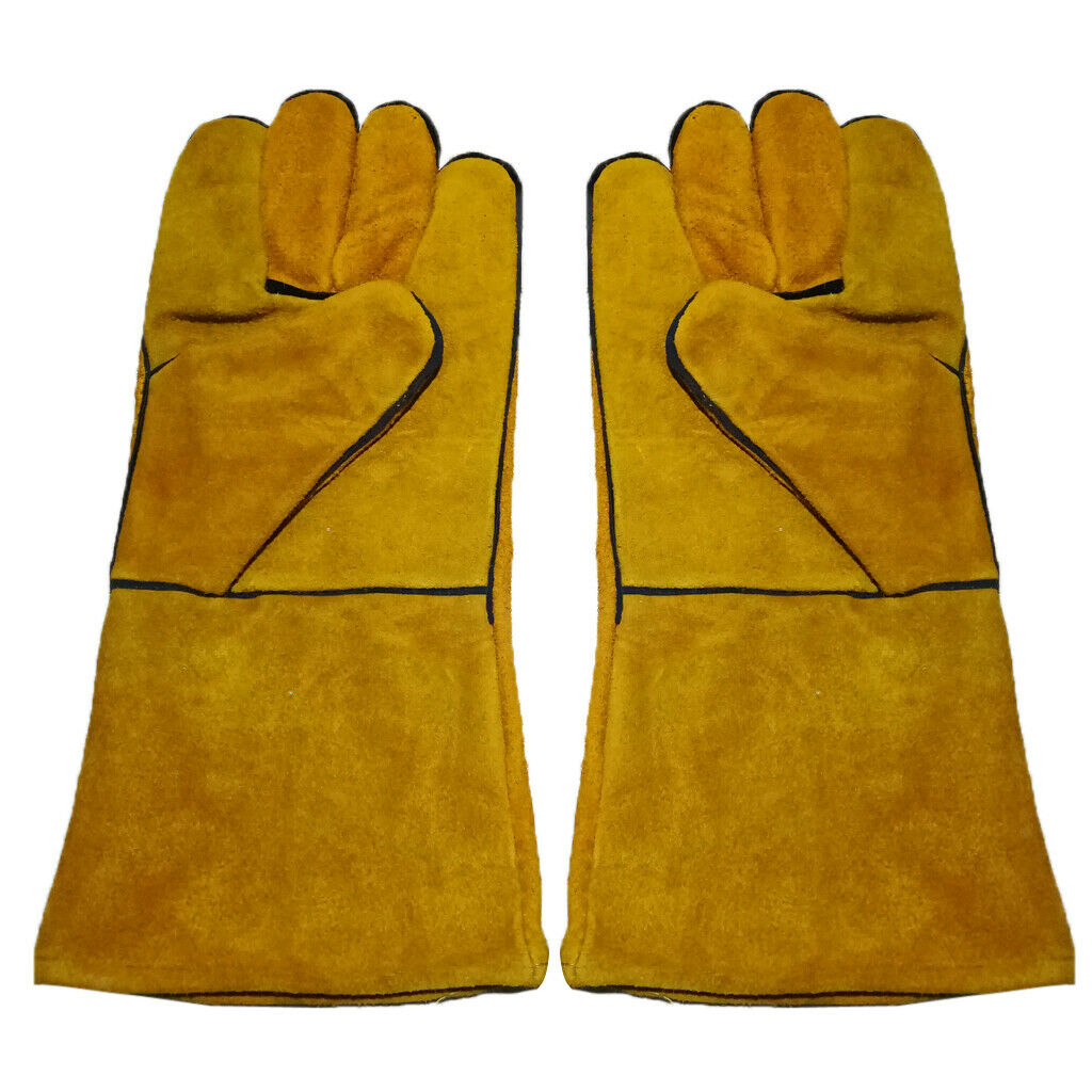 1 Pair Yellow Mig Welding Gauntlets Protective Gloves Heat Resistant Leather