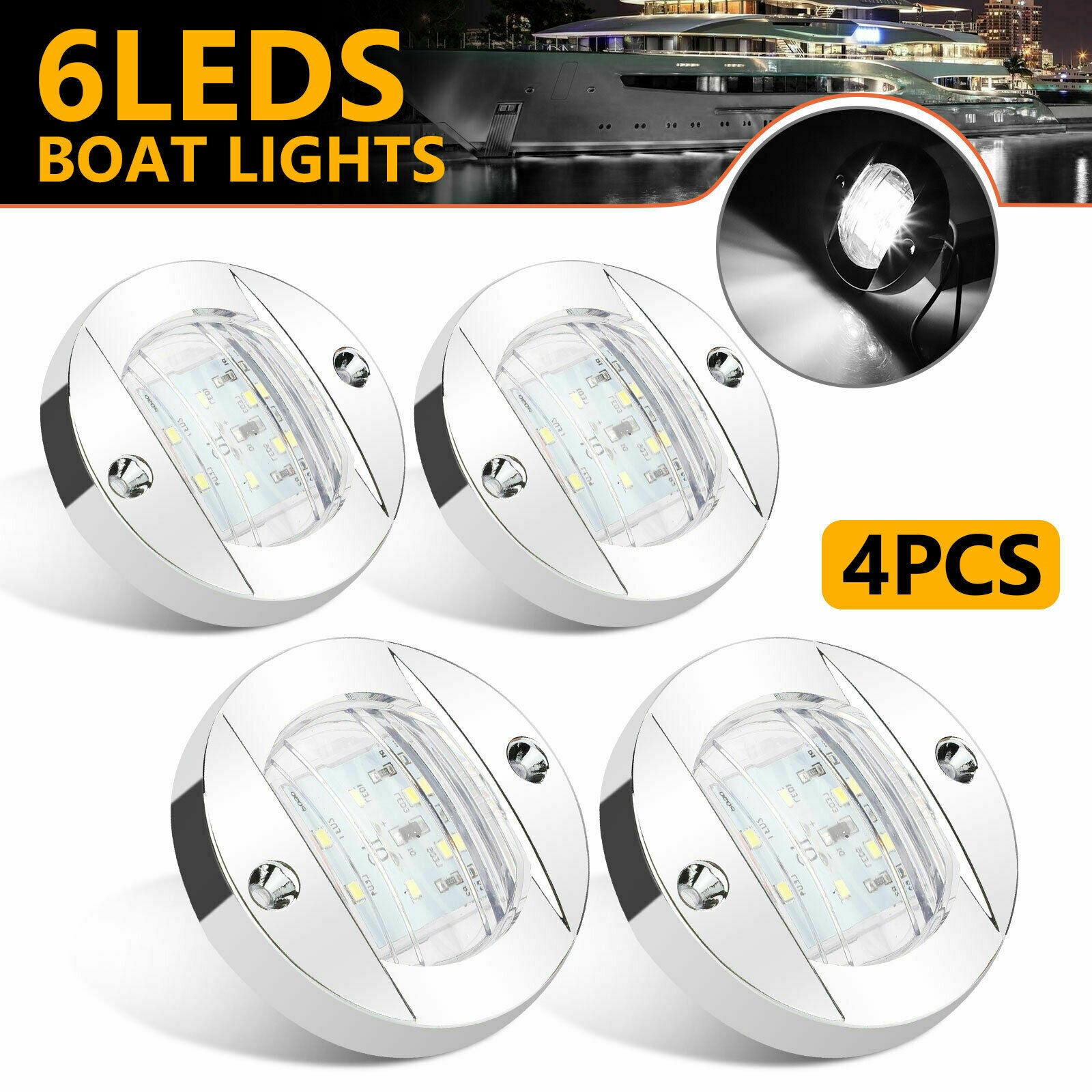 4X White Round Marine Boat LED Stern Lights Cabin Deck Courtesy Light Waterproof