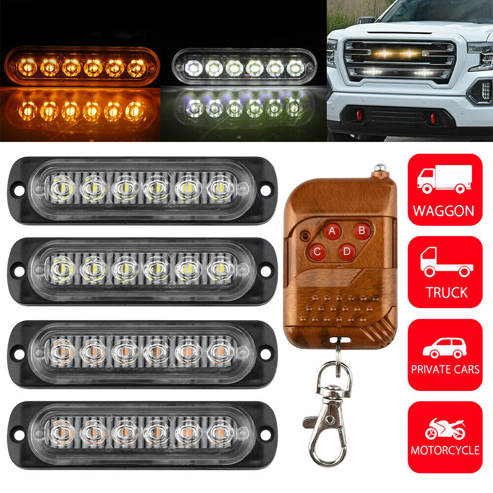 4x 6LED Car Truck Emergency Lamps Hazard Flash Strobe Warning Lights Amber/White