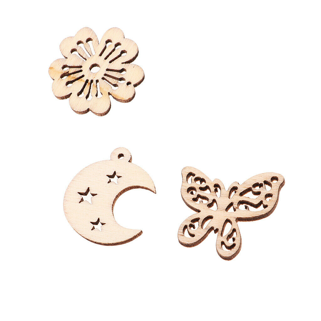50 Pieces Mixed Wooden Cutout Butterfly Flowers Heart Moon Shapes Embellishments