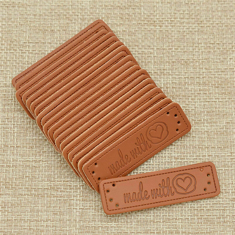 20x Brown Made with Heart Faux Leather Hand made Label Tags DIY Sewing Craft