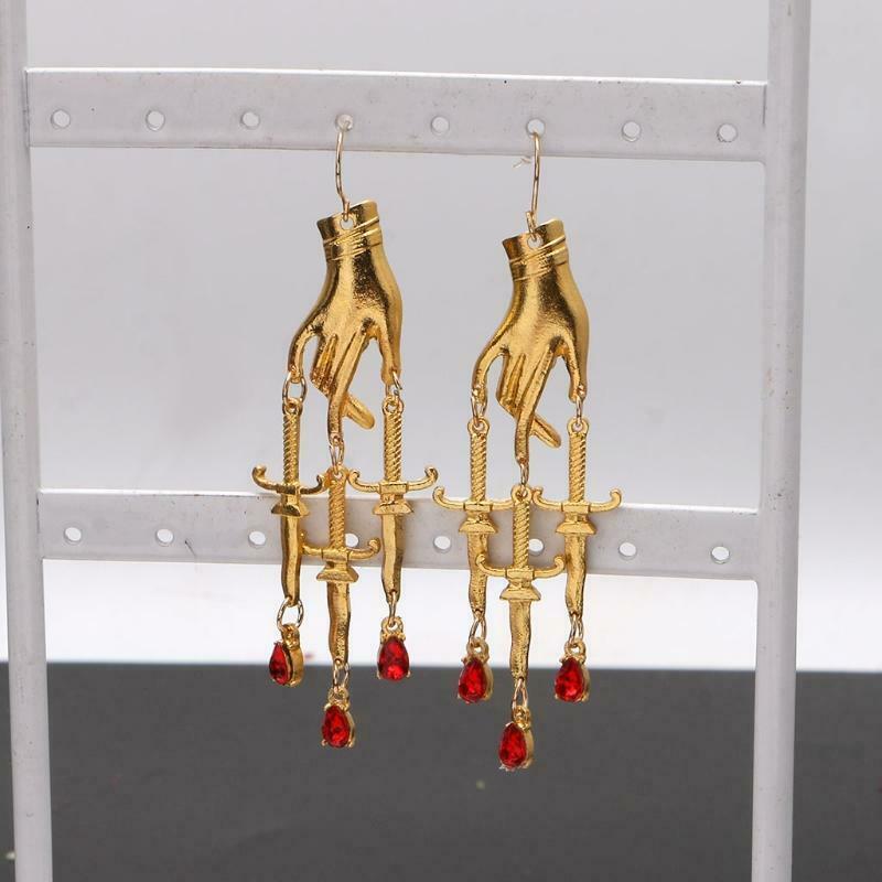 Golden Hand Dagger Drop Earrings Gothic Witchy Hand Red Crystal Dangle Earrings