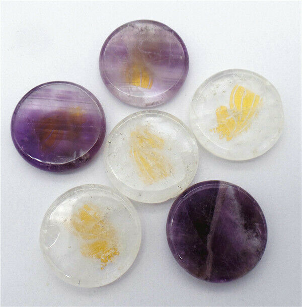6Pcs 25x6mm Natural Crystal & Amethyst Unicorn Symbol Reiki Stone Set HH7702
