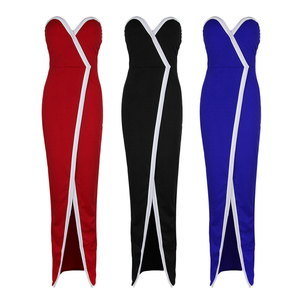 Women Off Shoulder Front Split Stripe Bodycon Clubwear Party Dress S Red