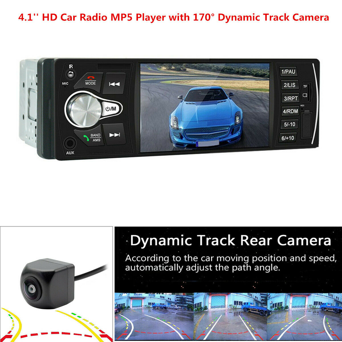 4.1'' HD Car Radio MP5 Player FM USB AUX Bluetooth w/ 170Â° Dynamic Track Camera
