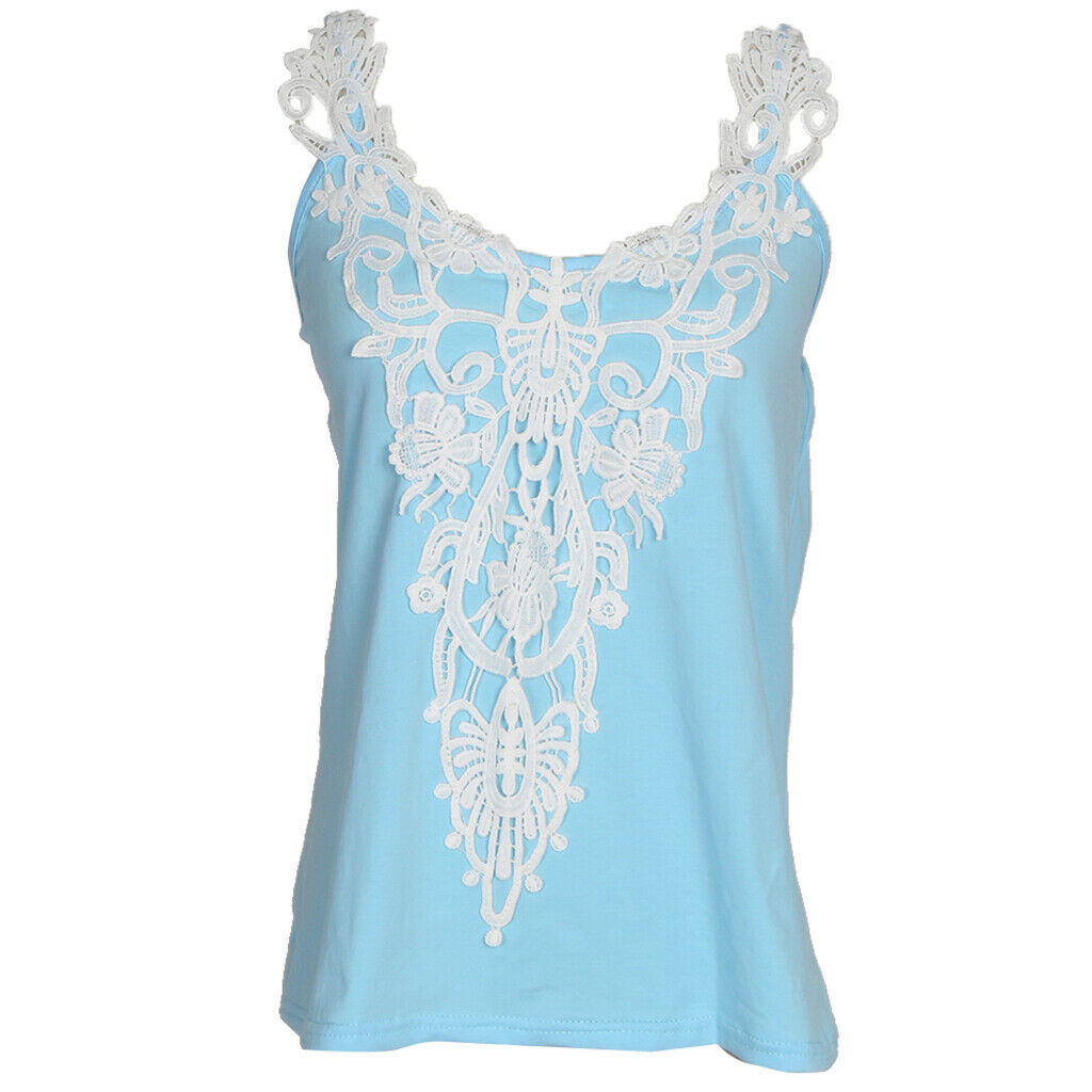 Fashion Ladies Summer Lace Vest Top Sleeveless Blouse Casual Shirt M Blue