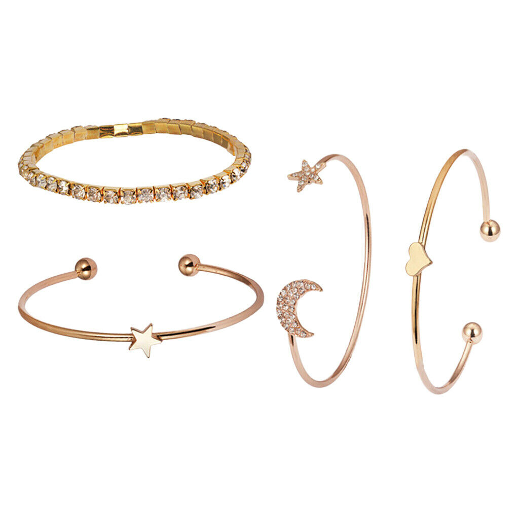 4Pcs Fashion Open Bracelets Delicate Star Moon Heart Rhinestone Bangle Set