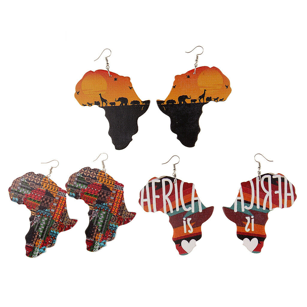 Ethnic Natural wooden African Map Tribal Club Women Dangle Earrings 3Pairs