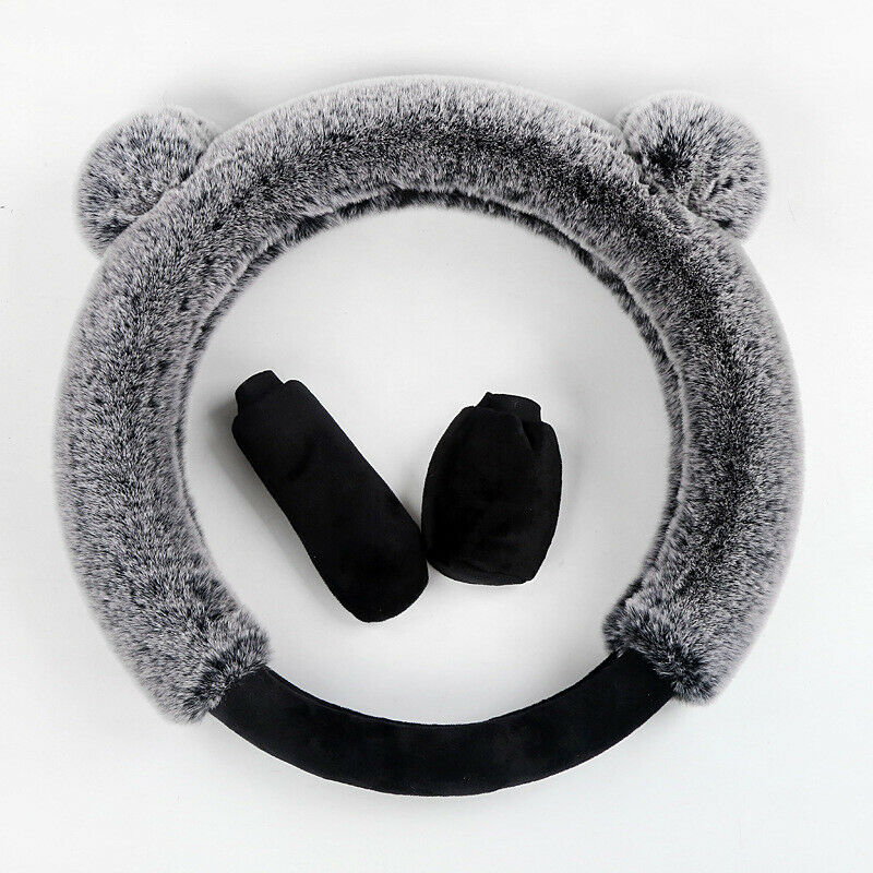 3Pcs/Set Fur Wool Furry Fluffy Thick Car Steering Wheel Cover Gray  Winter 38cm