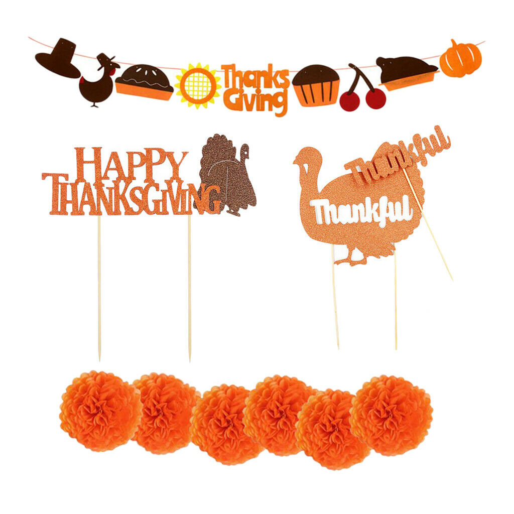 Happy Thanksgiving Banner Cupcake Picks Party Home Set Backdrop Bunting