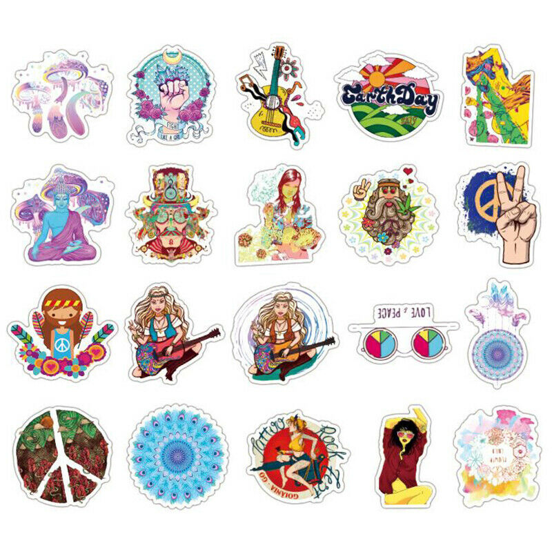 50Pcs Retro Hippies Stickers Waterproof Laptop Skateboard Luggage Guitar Stic Fx
