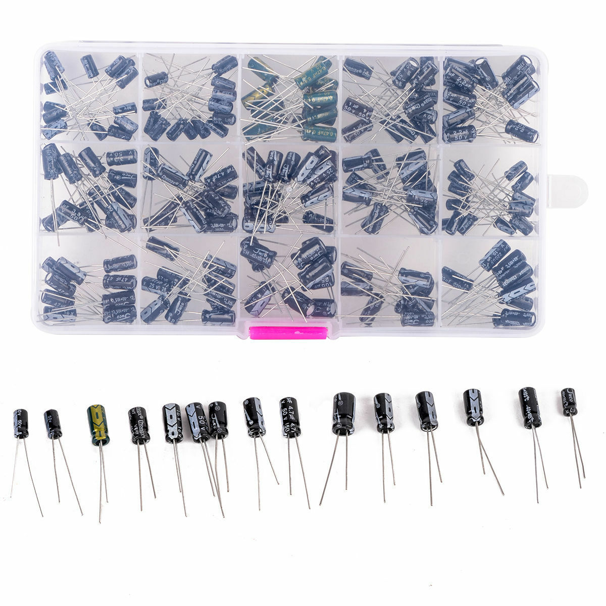 200pcs DIY 15 Values 0.1uF-220uF Electrolytic Capacitor Assortment Kit with Box