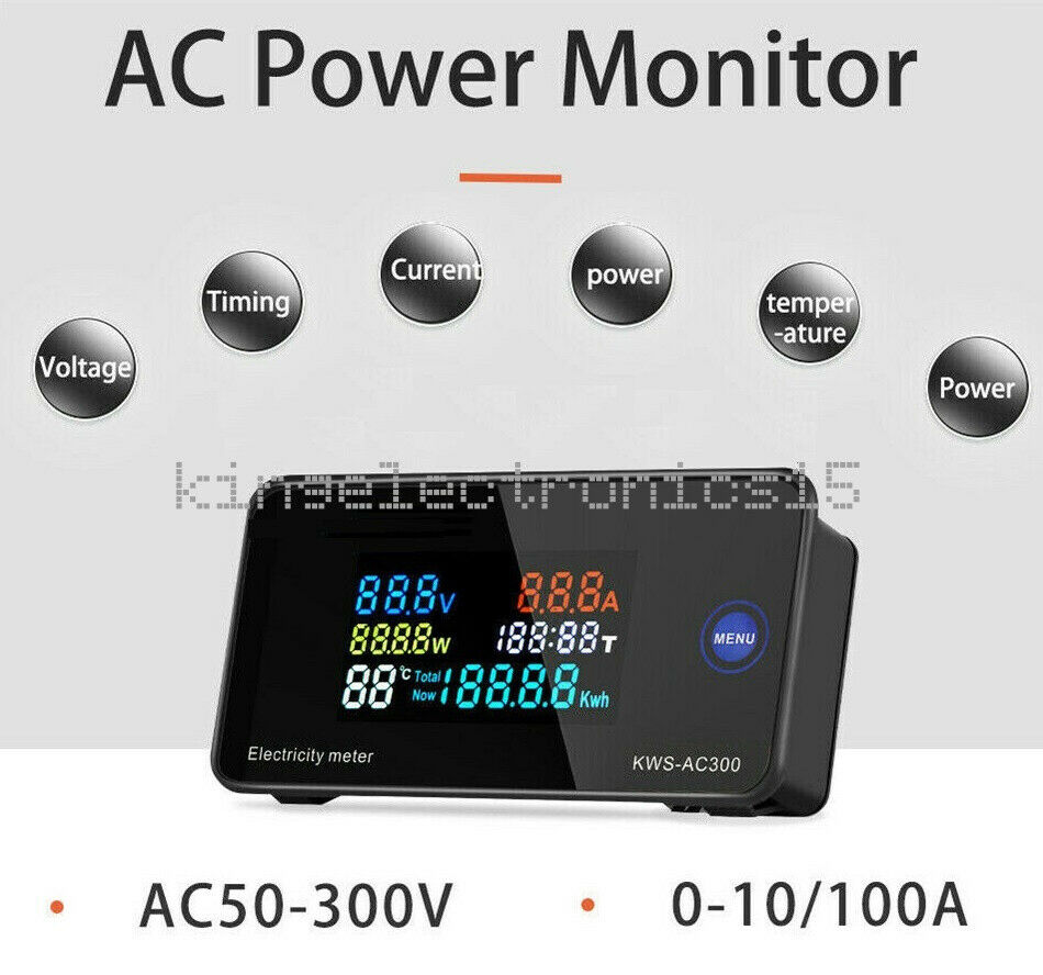 1PCS AC 50-300V Display Digital Power Energy Temp Meter Ammeter Voltmeter 0-10A