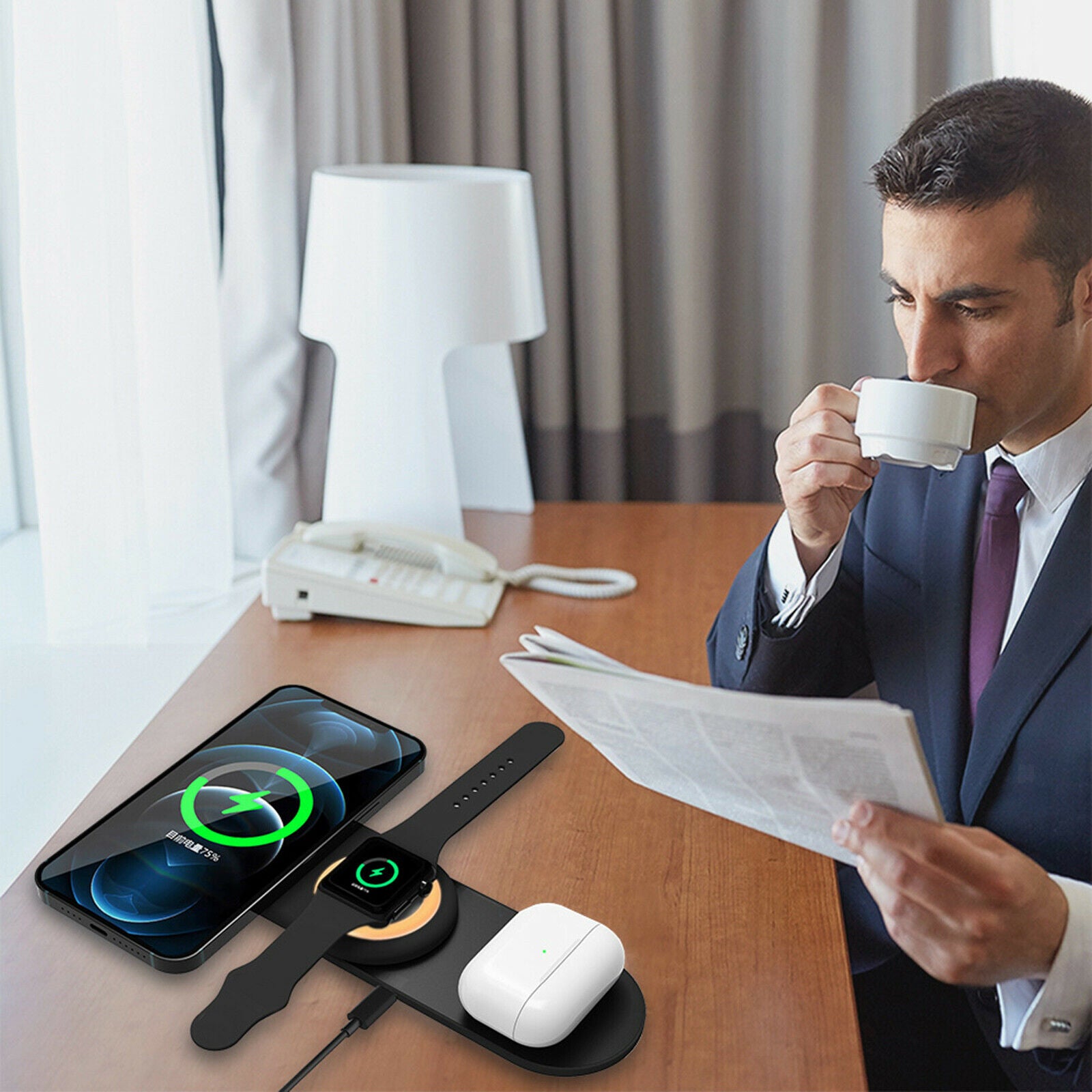 360° Rotation 3 in 1 Foldable Wireless Fast Charger Charging Station Black