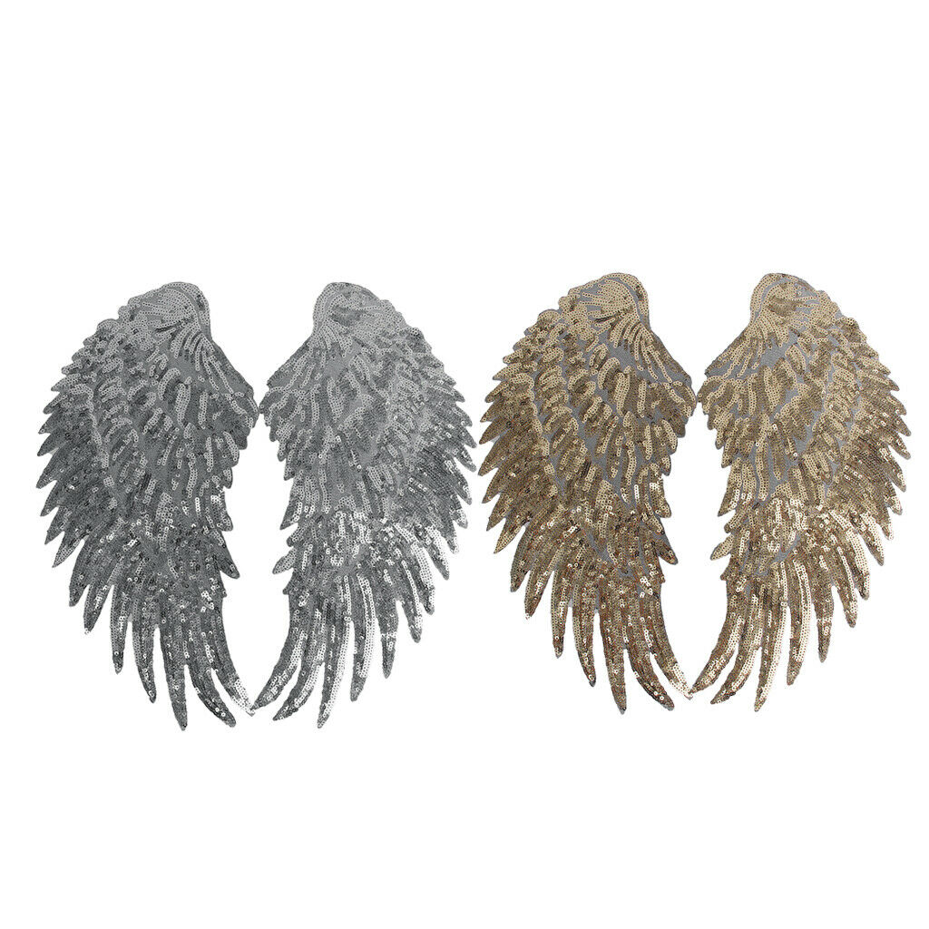2 Pairs Sequin Angel Wings Embroidered Applique Iron on Sew on Patch DIY