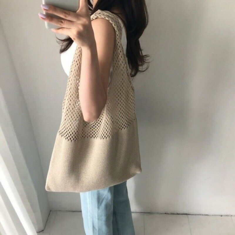 Retro Crochet Beach Handbag for Girls,Summer Hollow Out Hand Woven Totes BagC9P6