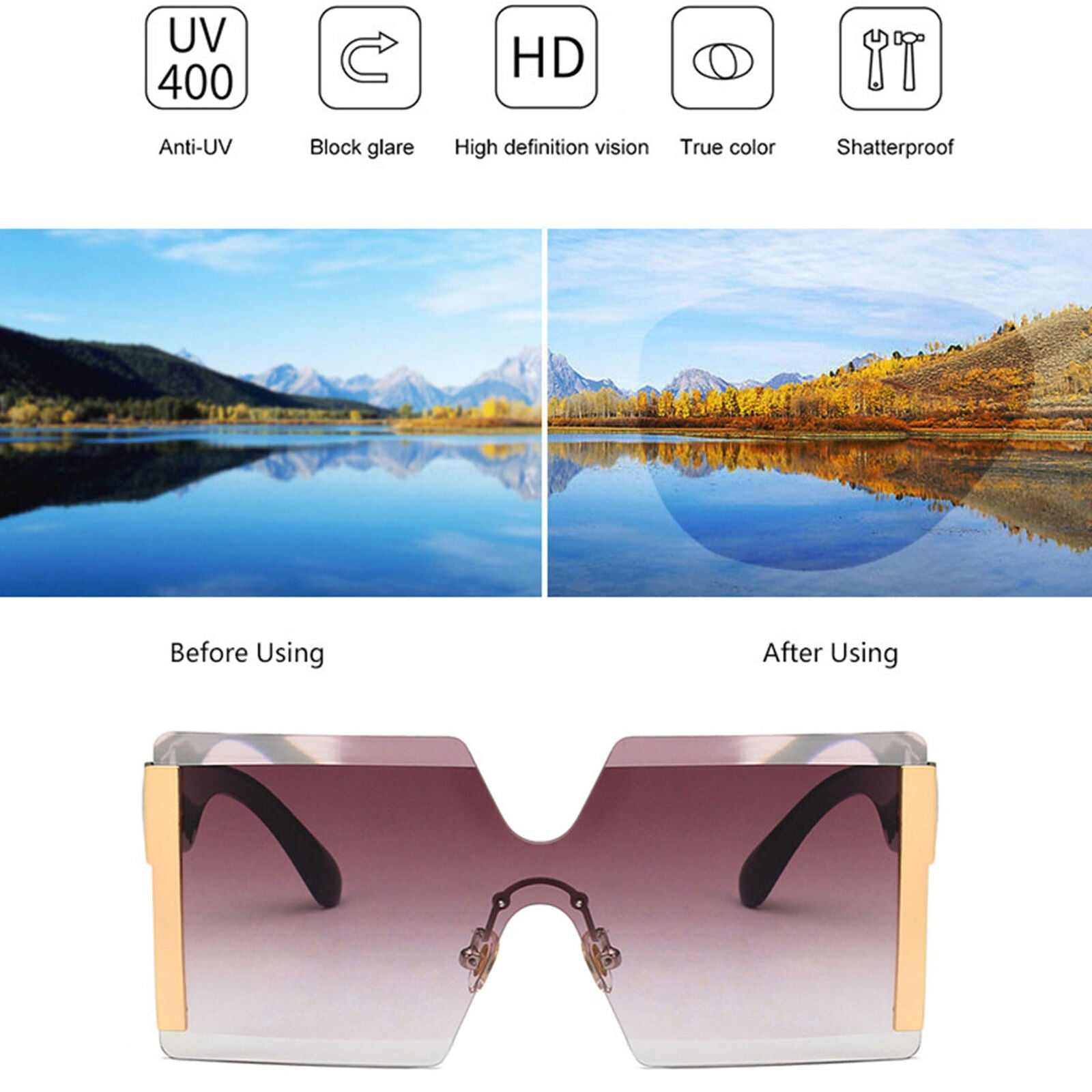 Oversized Square Sunglasses Women Fashion Flat Top One Piece Shade Mirror UV400