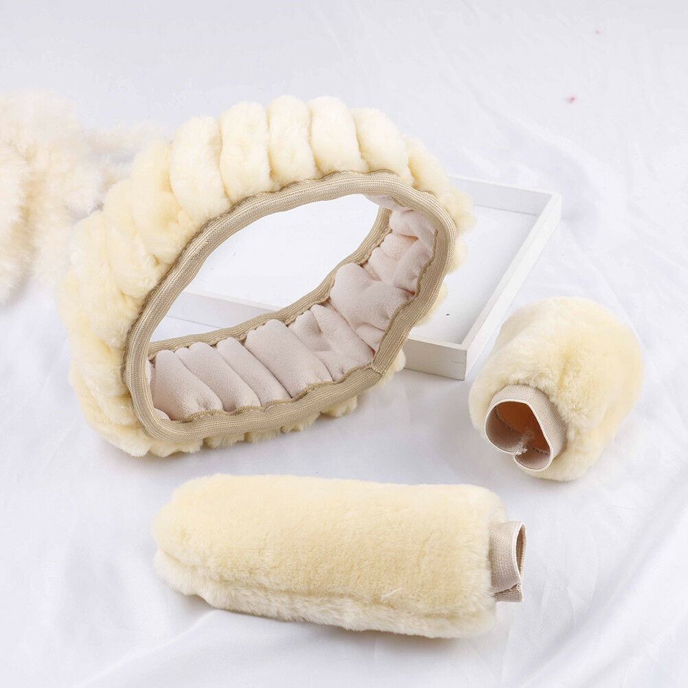 3Pcs Winter beige soft warm plush car steering wheel cover handbrake cover Qx
