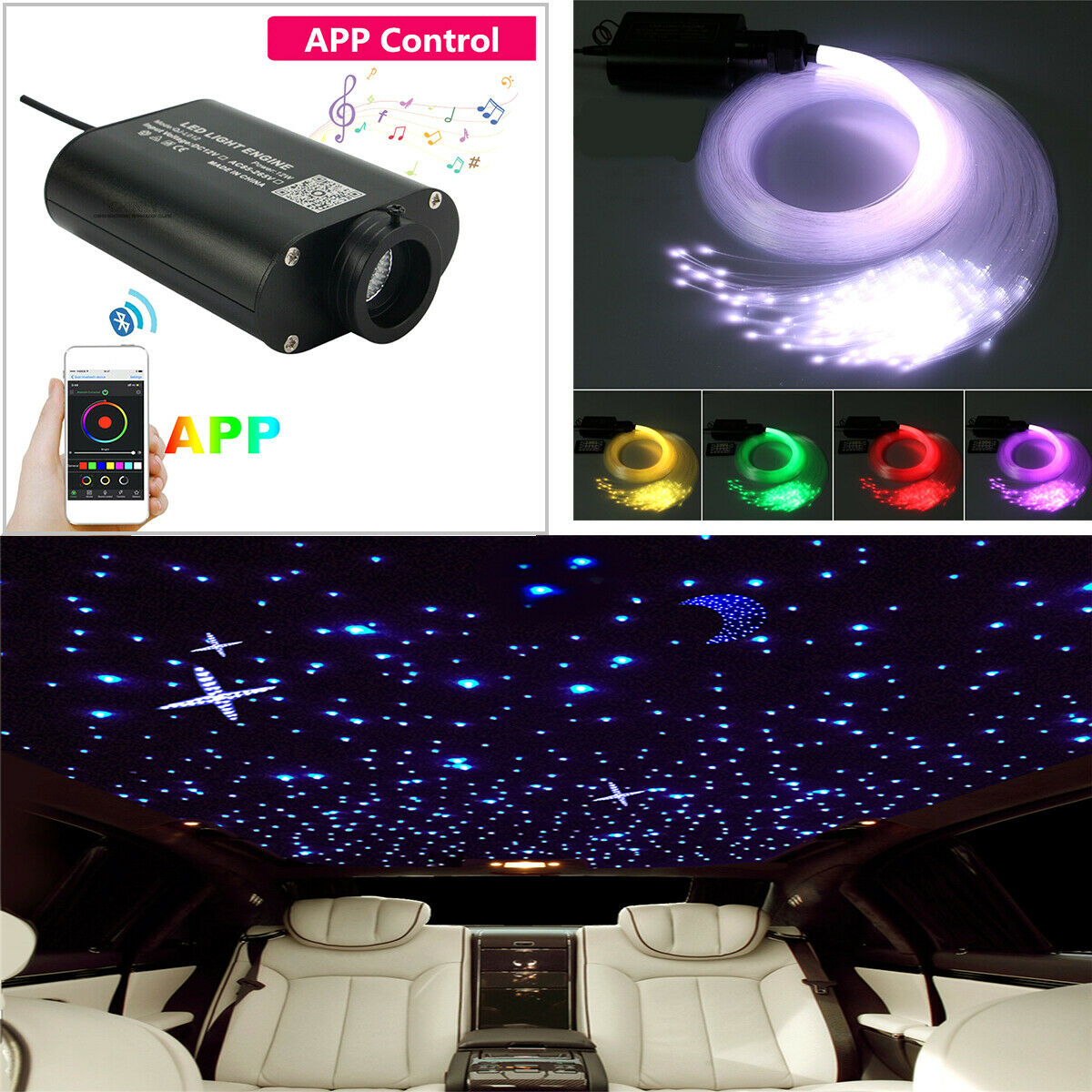 RGB LED Roof Indoor Fiber Optic Starlight Atmosphere Lamp Kit APP Control 12W