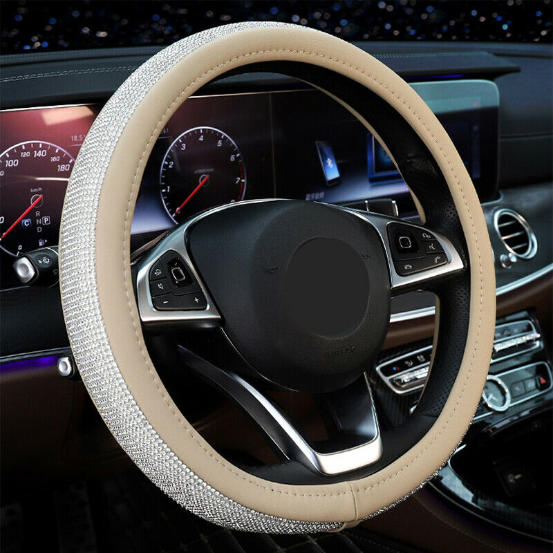 15'' Beige Crystal Front Car Steering Wheel Cover w/ Bling Rhinestone PU Leather