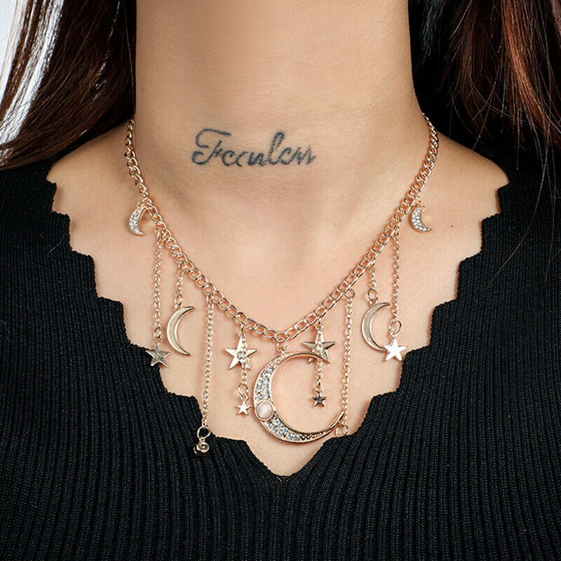 Fashion Star Moon Pendant Tassel Necklace Shiny Crystal Choker Women Jewe.l8