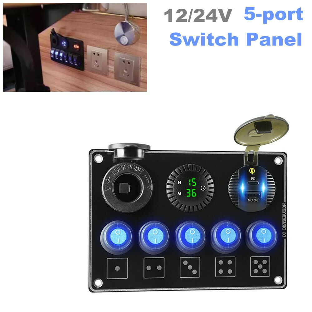 LED Clock Digital Display PD QC3.0 Cigarette Lighter Charge 5-port Switch Panel