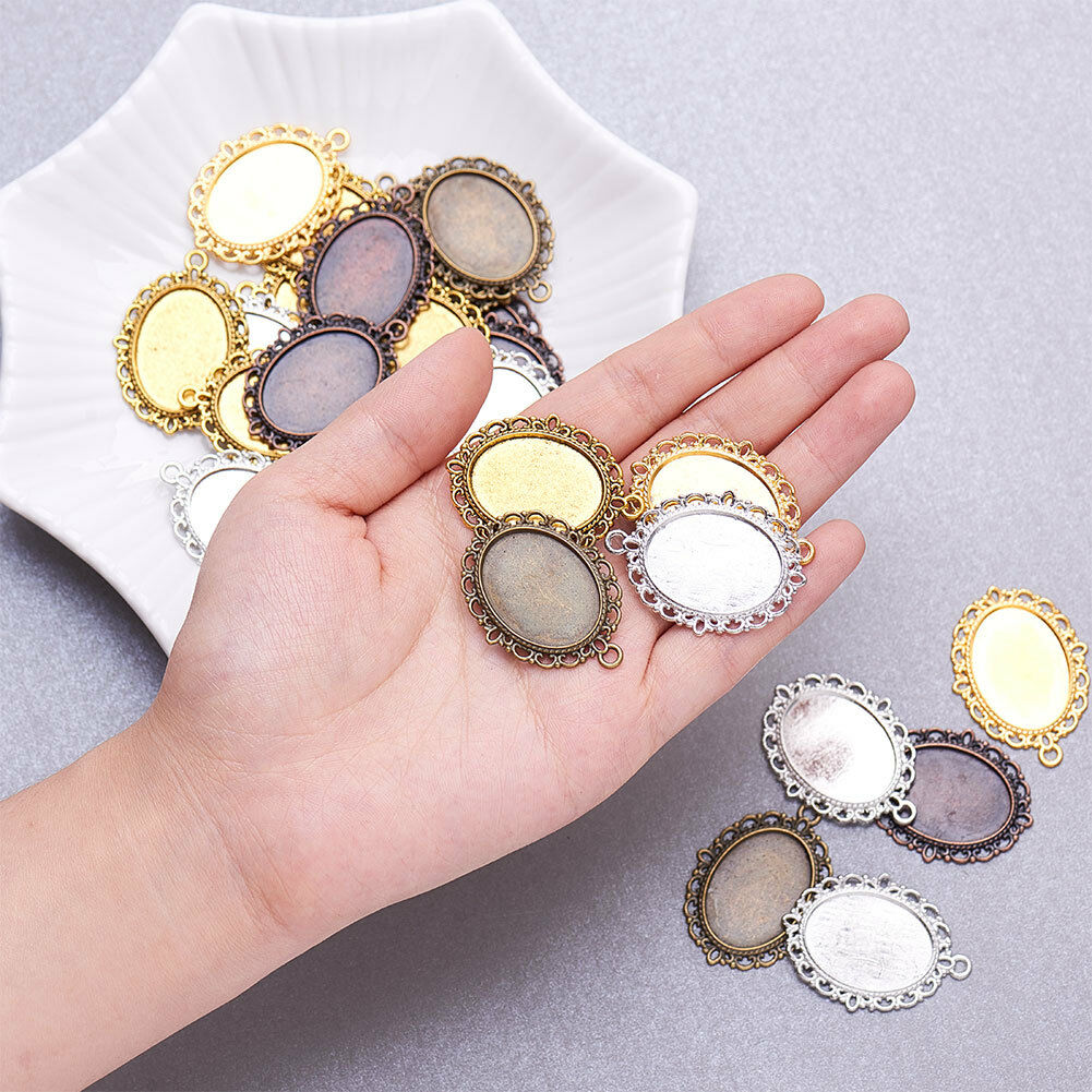30 Pcs Oval Pendant Trays Bezel with Dome Glass Cabochon for DIY Jewelry Making