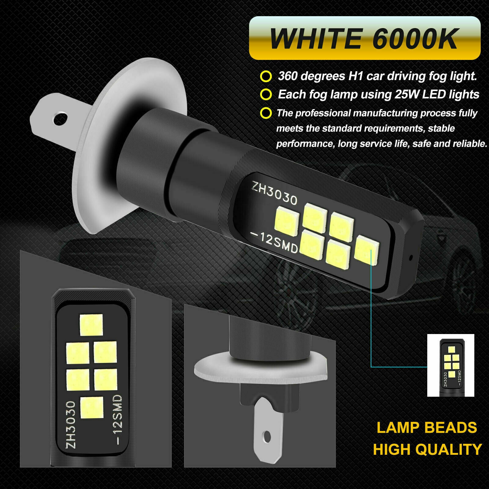 2x H1 Super White 6000K LED Headlight Fog Driving Bulbs Kit High Low Beam Lamps