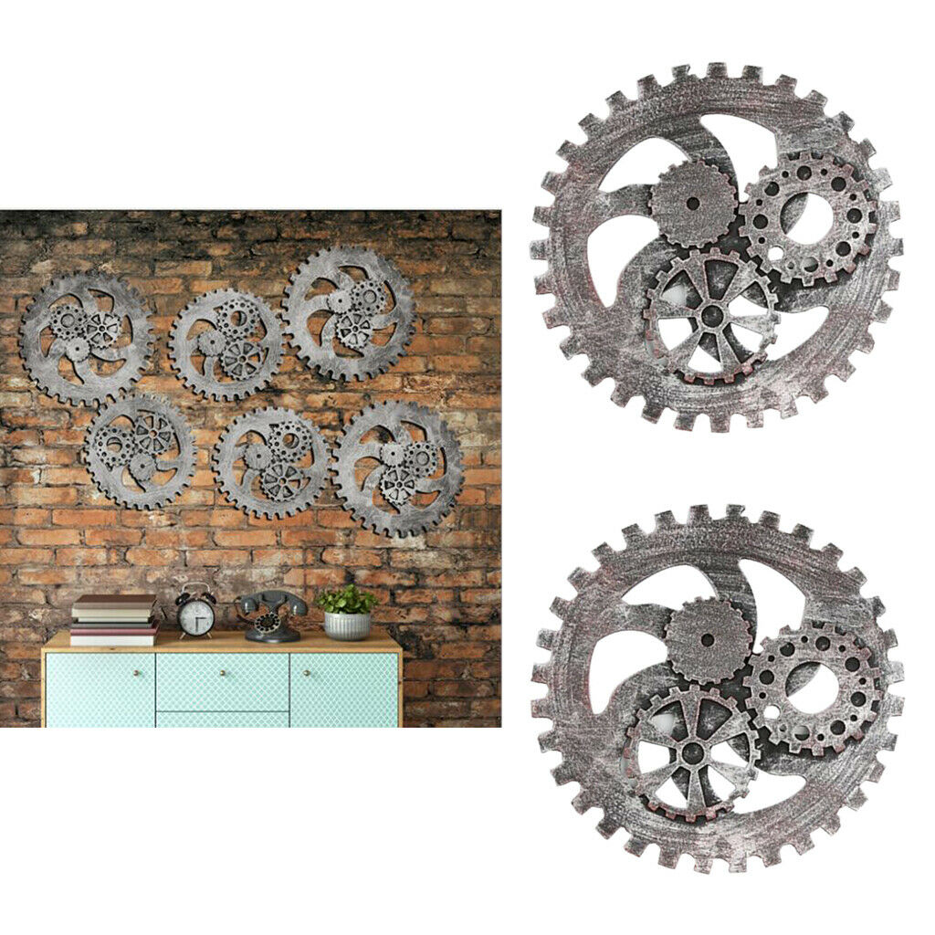 2 Pcs Industrial Style Wooden Machine Gear Wall Decor Background for Cafe Shop