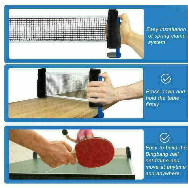 Table Tennis Ping Pong Set 2x Paddle Bats & Extending Net & 3 Balls PortabDD