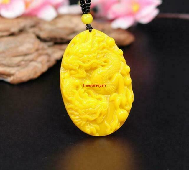 Yellow Jade Dragon Pendant Necklace Natural Jewelry Amulet Jadeite Carved Gifts