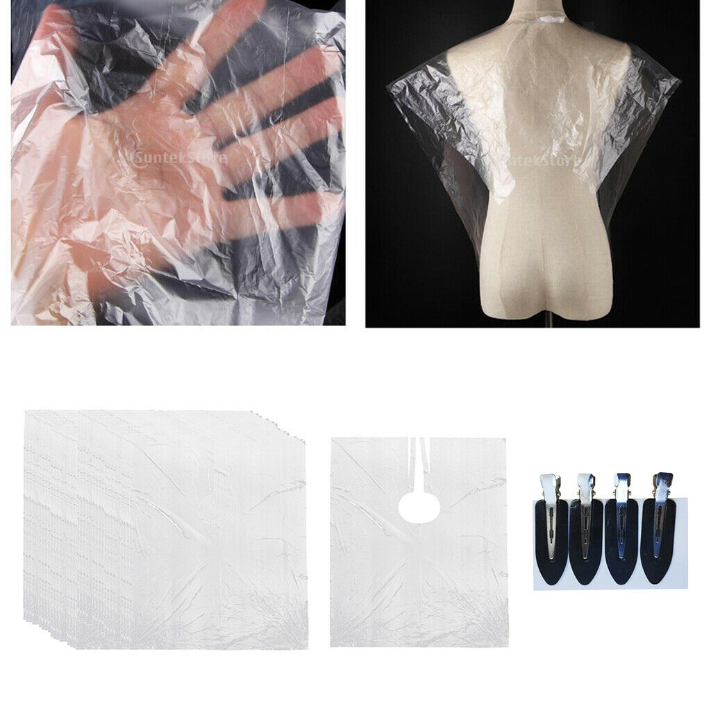 100x Disposable Hair Cutting Cape Cloth Clear Salon Gowns Apron + 4x Clips