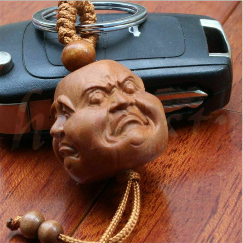 Chinese Feng shui Wood Carving Four Face Happy Buddha Head Statue Key Chain Ring