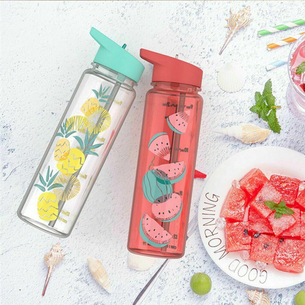 Gym BPA Free Leakproof Plastic Straw Fruit Pattern Sports Water Bottle Cup
