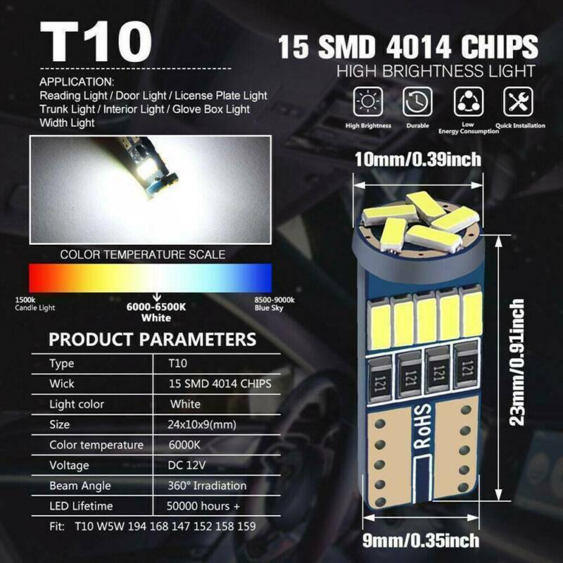 10xT10 LED Canbus Error Free Bulbs 15SMD 194 W5W Car Wedge Lamp Dome Map Lights!