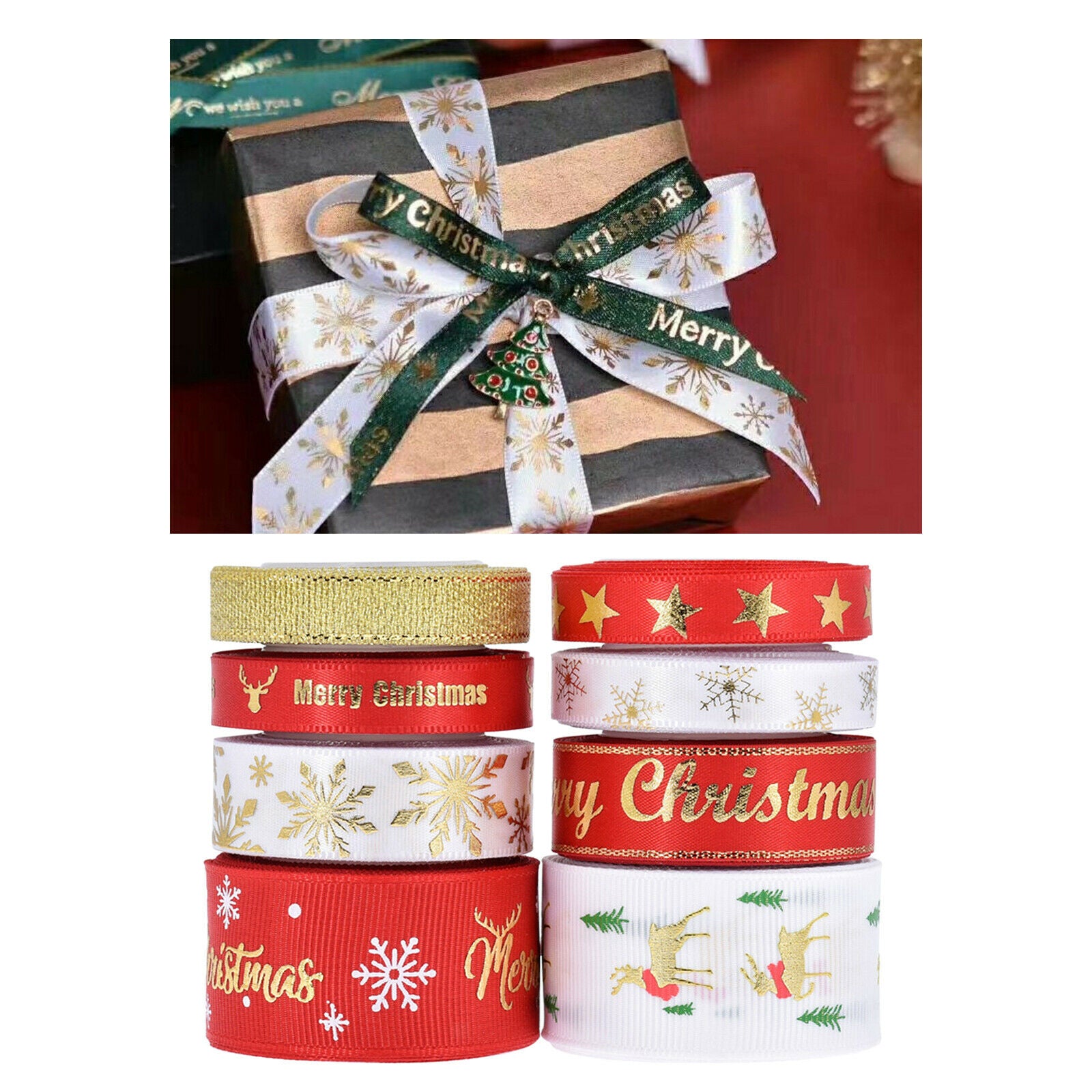 8x Christmas Ribbon Grosgrain Glitter Fabric Trimming Gift Wrapping Party